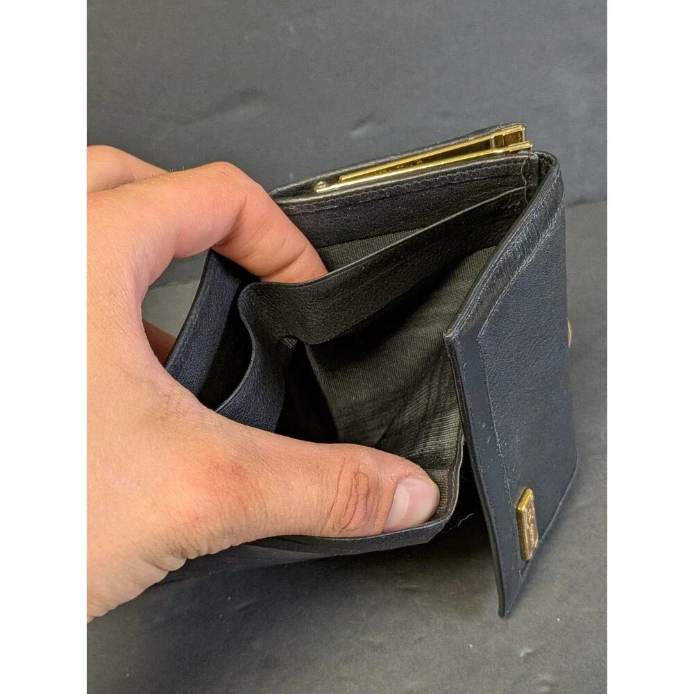 HCL Black Leather Kisslock Coin Pocket Credit Card Trifold Wallet - Vintage